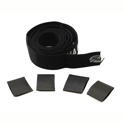 Black webbing strap with clips on a white background