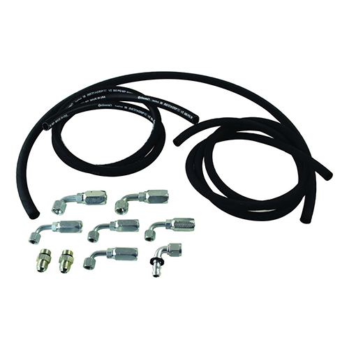 Full Hydraulic Hose Kit HK2085 with black hydraulic hoses arranged in coils and a set of silver steel hose fittings and adapters displayed on a white background.