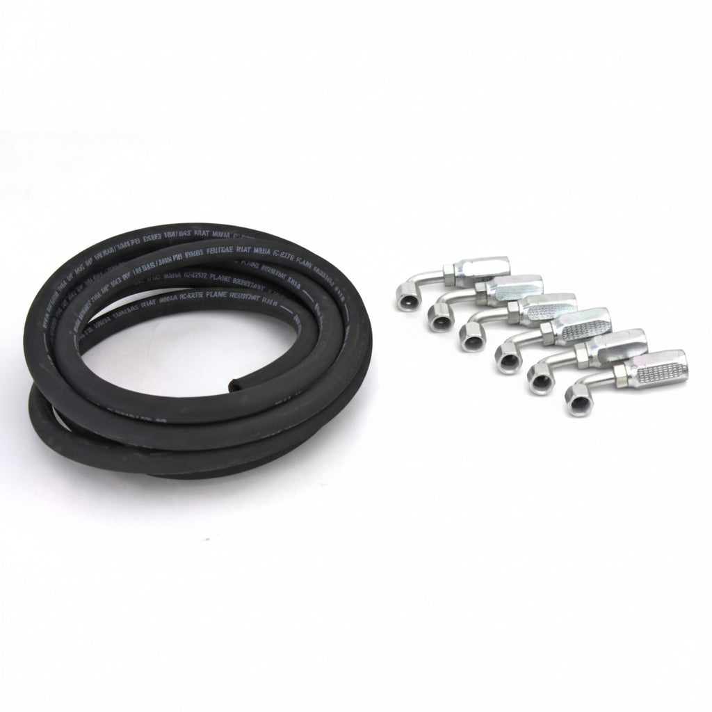 Black rubber hose and metal connectors on a white background