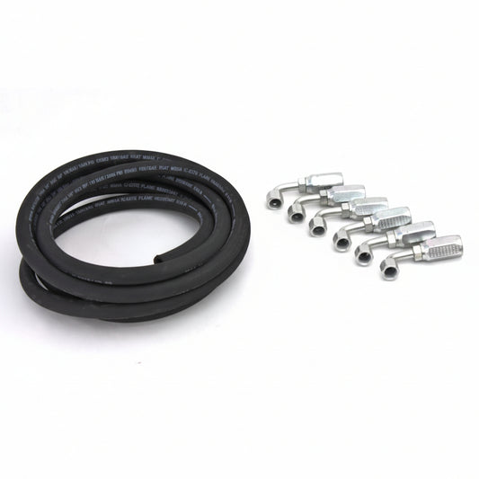 Black rubber hose and metal connectors on a white background