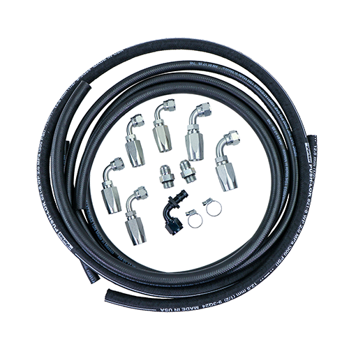 Set of automotive hoses and fittings on a white background.