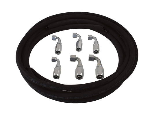Set of metal connectors with a coiled black hose on a white background