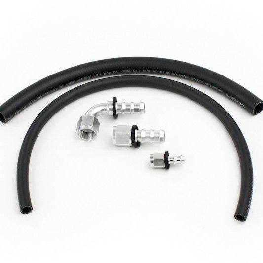 Two black rubber hoses and metal connectors with a white background. 