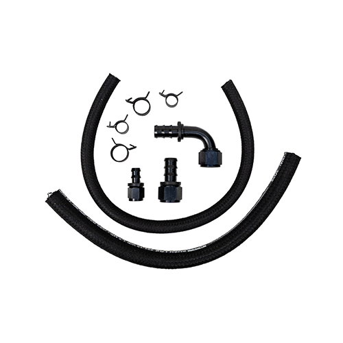 Set of two black hoses (one high pressure) with three fittings and four hose clamps on a white background. 