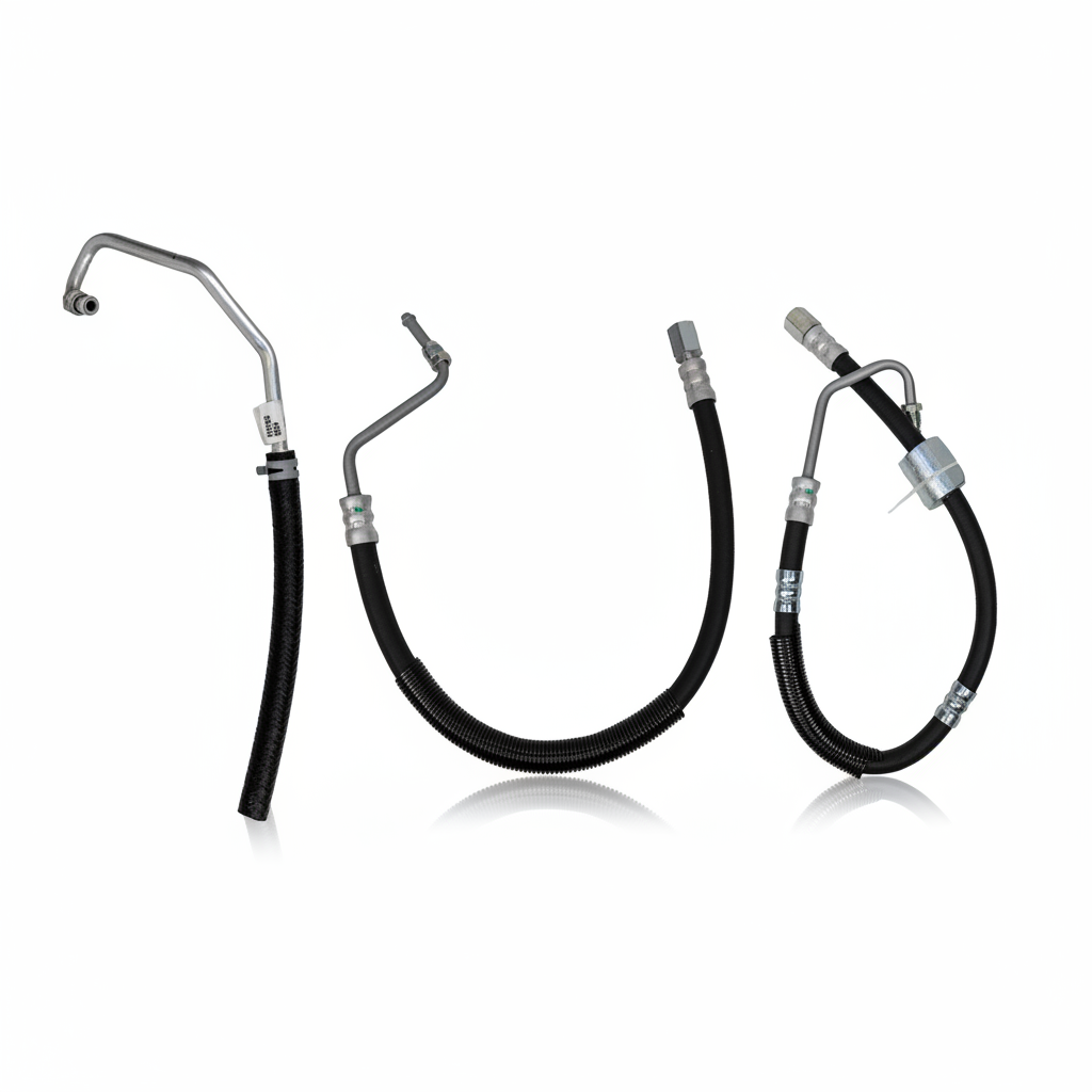Set of four black metal hoses with silver connectors on a white background