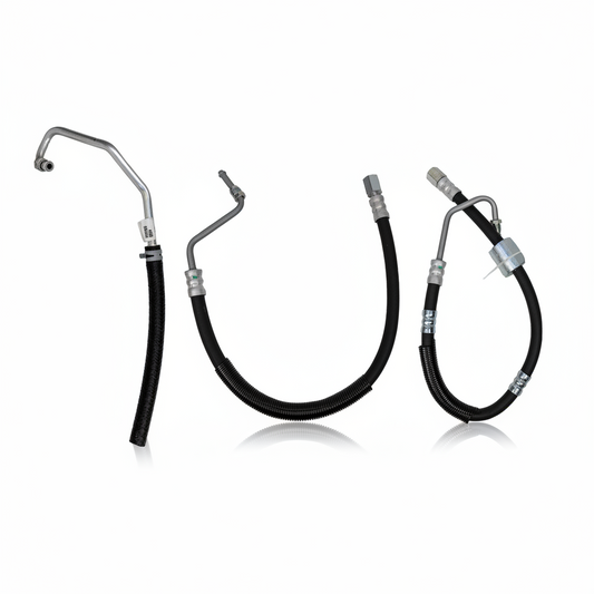 Set of four black metal hoses with silver connectors on a white background