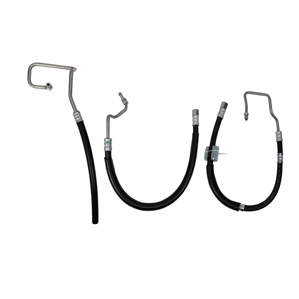 Set of three black hydraulic hoses with metal connectors on a white background