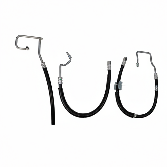 Set of three black hydraulic hoses with metal connectors on a white background