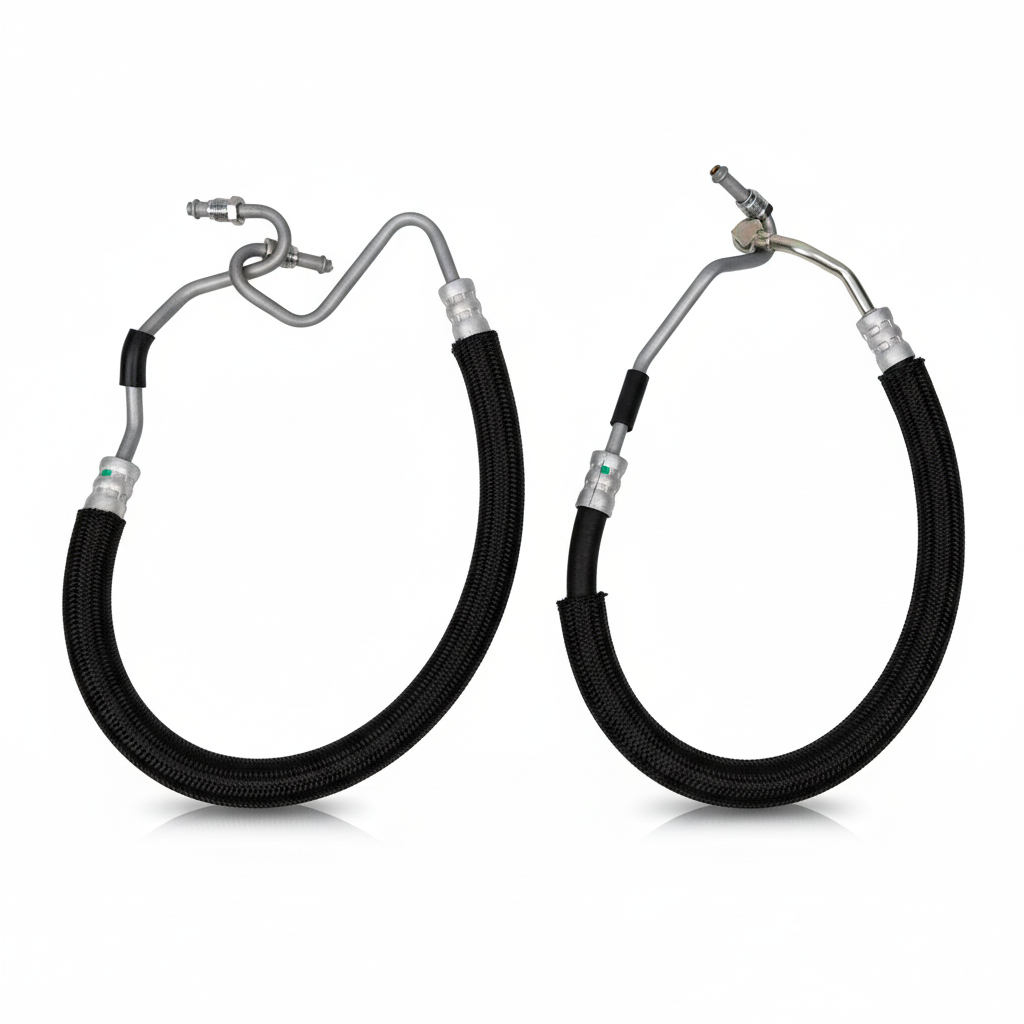 Two black hydraulic hoses with metal connectors on a white background