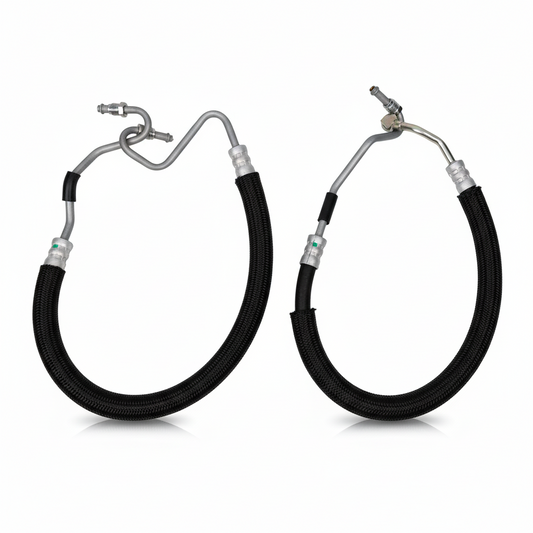 Two black hydraulic hoses with metal connectors on a white background