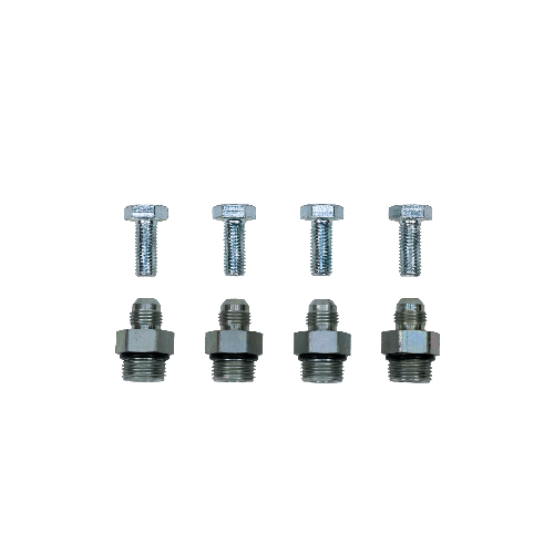 PSC Motorsports hydraulic fitting and bolt hardware kit – includes four precision steel adapters with O-ring seals and four matching hex bolts, engineered for high-performance steering system installation.