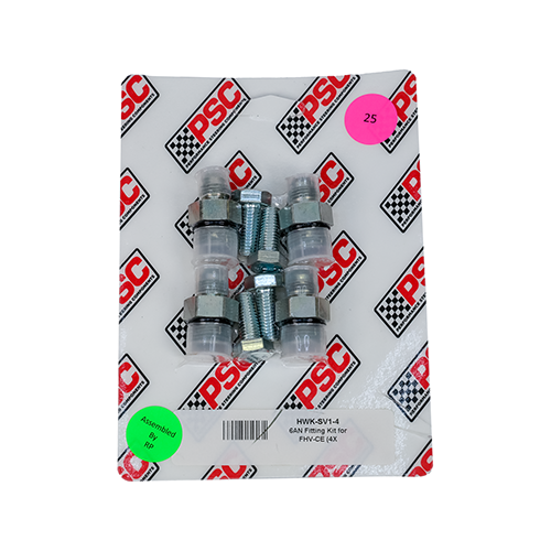 PSC hydraulic fitting and bolt hardware kit in packaging – includes four precision steel adapters with O-ring seals and four matching hex bolts, engineered for high-performance steering system installation.