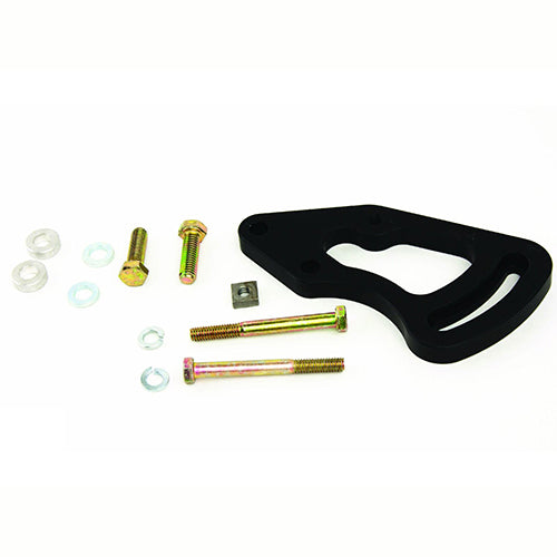 Black plastic component with screws and washers on a white background