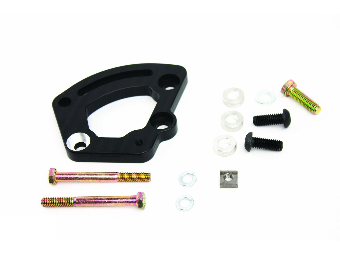 Black metal bracket with screws and washers on a white background