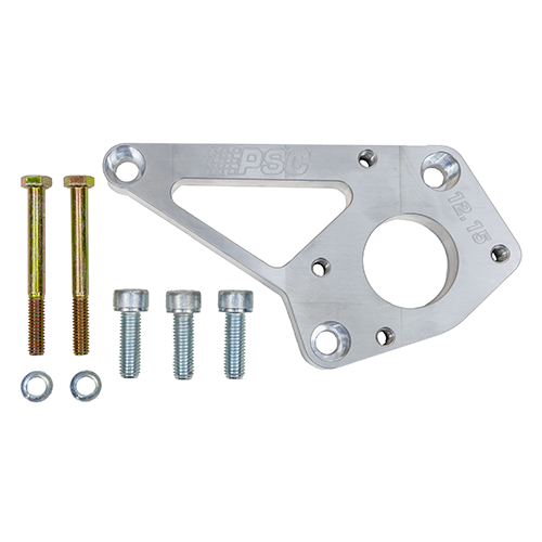 Silver mounting bracket with engraved PSC logo and 12.15. Kit also includes two zinc coated boles, washers and silver bolts; all on a white background. 