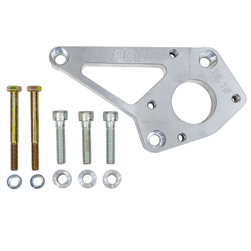 Silver mounting bracket with engraved PSC logo and 12.15. Kit also includes two zinc coated boles, washers, spacers and three silver bolts; all on a white background. 