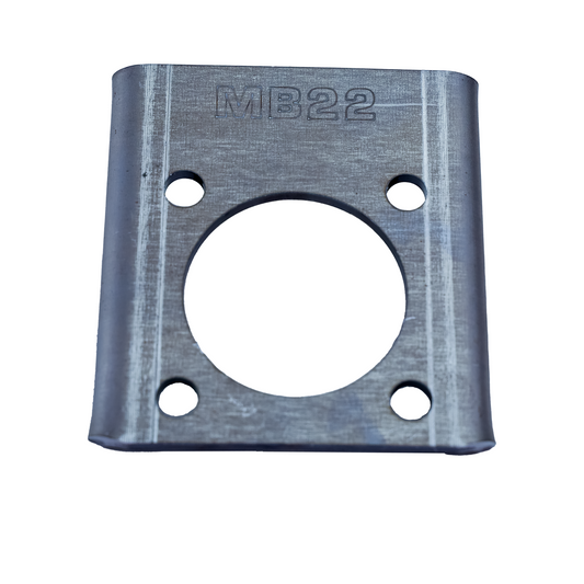 Metal bracket with 'MB22' marking on a white background