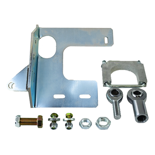 Photo of PSC no-weld mounting bracket kit MB35 which includes the steel bracket, clevis ends and mounting hardware all on a white background. 
