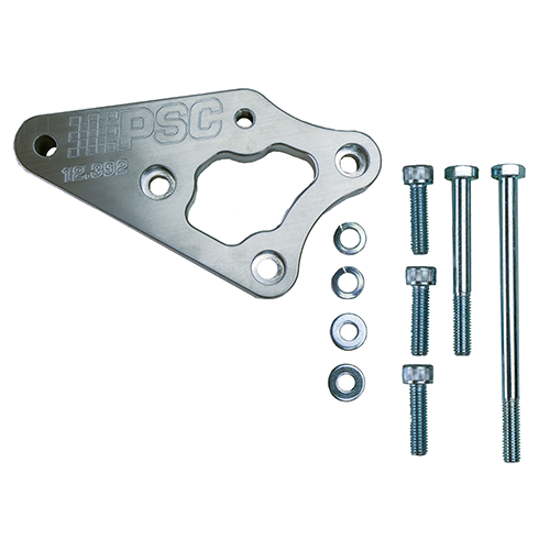 Metal bracket with screws and washers on a white background