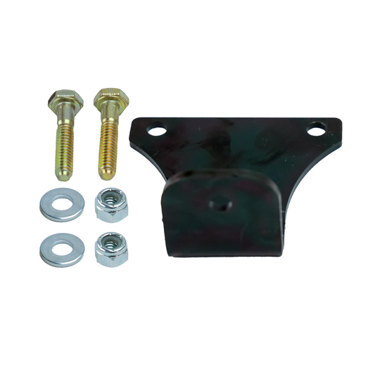 Steel mounting bracket kit including a black bracket, two gold bolts, two washers and two nuts, neatly arranged on a white background.