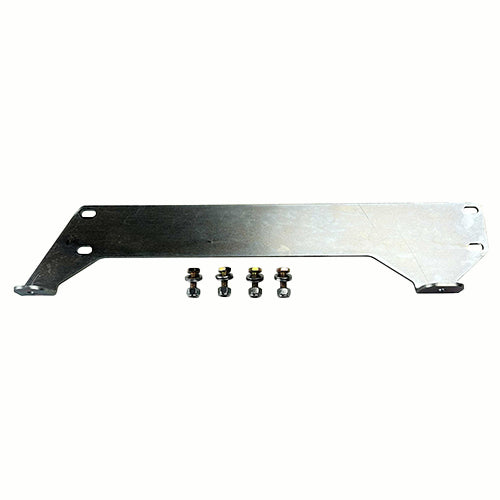 Metal bracket with four screws, nuts and eight washers on a white background