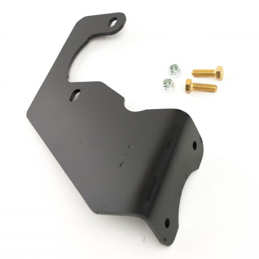 Black metal bracket with screws on a white background