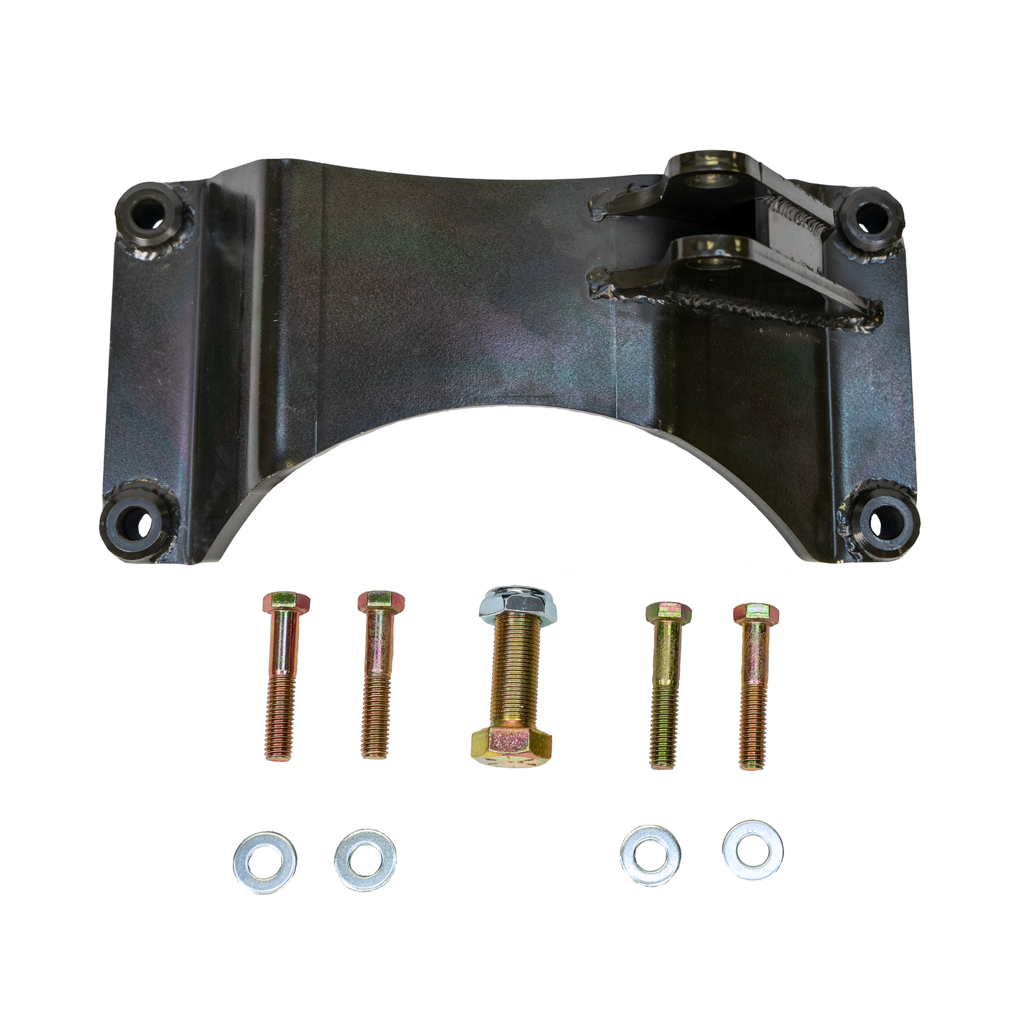 Black metal bracket with bolts and washers on a white background