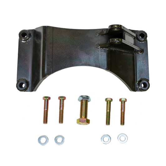 Black metal bracket with bolts and washers on a white background