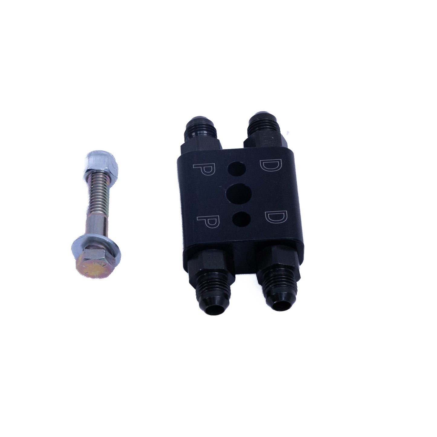 A black dual-port metal fitting with white 'P' and 'D' markings, shown next to a silver metal threaded bolt with a white plastic cap, on a plain white background.