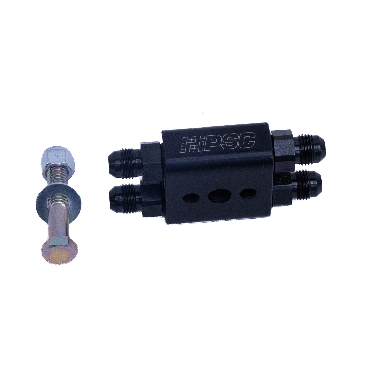 A black metal PSC inline coupler with threaded ports, shown next to a silver hex bolt and washer assembly on a plain white background.