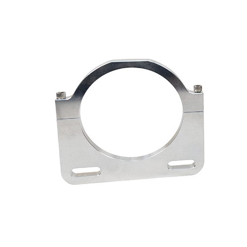 Brushed aluminum finish steering reservoir clamp on a white background. 