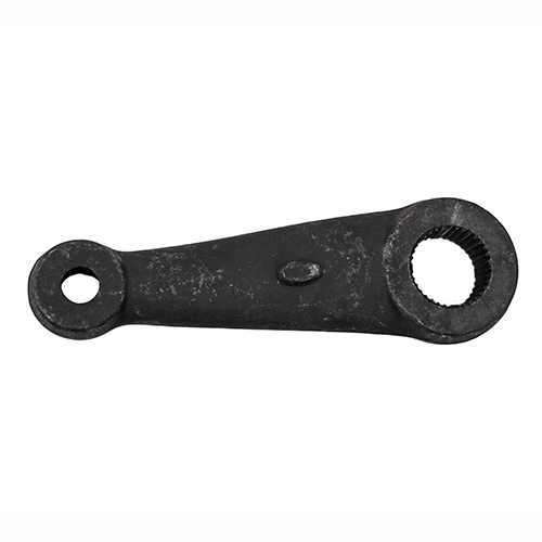 Overhead view of a black metal pitman arm for steering linkage on a white background. You can see the splines on the right side of the product. 