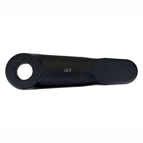 Black metal pitman arm for steering linkage on a white background. 