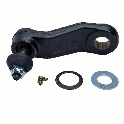 Black metal linkage mechanism with bolts on a white background