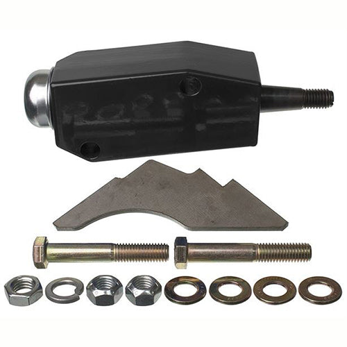 Mechanical components including a black metal bracket, two bolts, washers, and nuts on a white background.