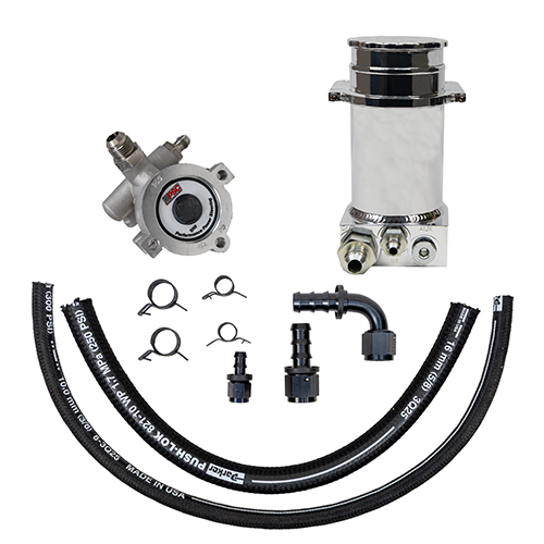 Pump kit featuring hose, steering pump, hose fittings and a polished finish PSC branded reservoir on a white background.