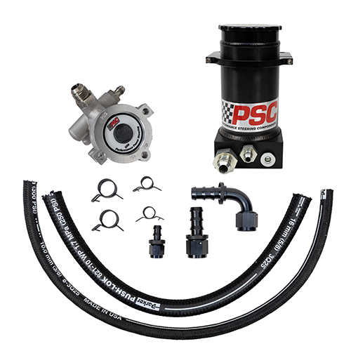 Pump kit featuring hose, steering pump, hose fittings and a black anodized finish PSC branded reservoir on a white background.