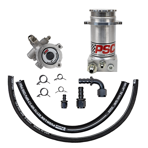 Pump kit featuring hose, steering pump, hose fittings and a brushed finish PSC branded reservoir on a white background.