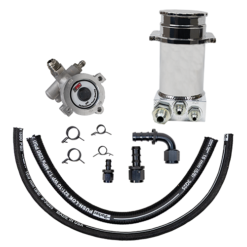 Pump kit featuring hose, steering pump, hose fittings and a polished finish PSC branded reservoir on a white background.