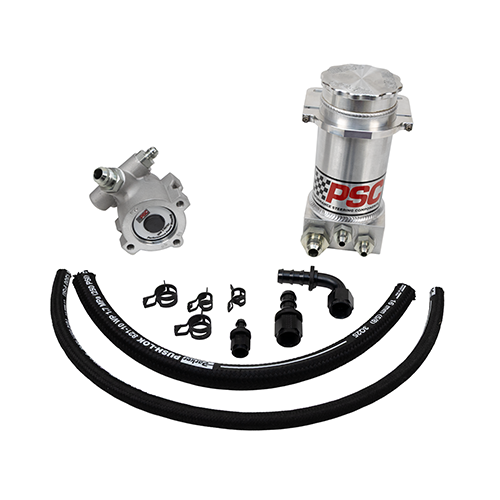 Pump kit featuring hose, steering pump, hose fittings and a brush aluminum PSC branded reservoir on a white background.