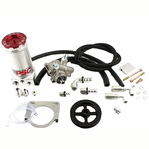 Pump kit with reservoir, pump, hoses, pulley, clamp, fittings and hardware on a white background.