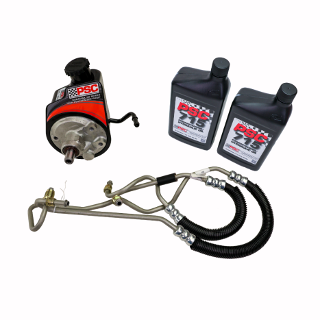 PSC power steering pump kit with two bottles of PSC 715 fluid and a matched set of pressure and return hoses shown on a white background for automotive steering system service.