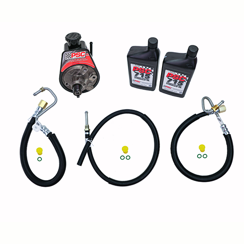 PSC performance steering components including hoses, pump, and bottles on a white background
