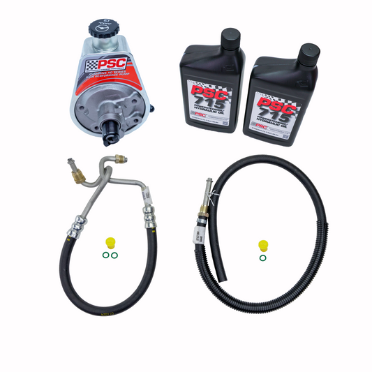 Mechanical oil pump and hoses with two bottles of oil on a white background