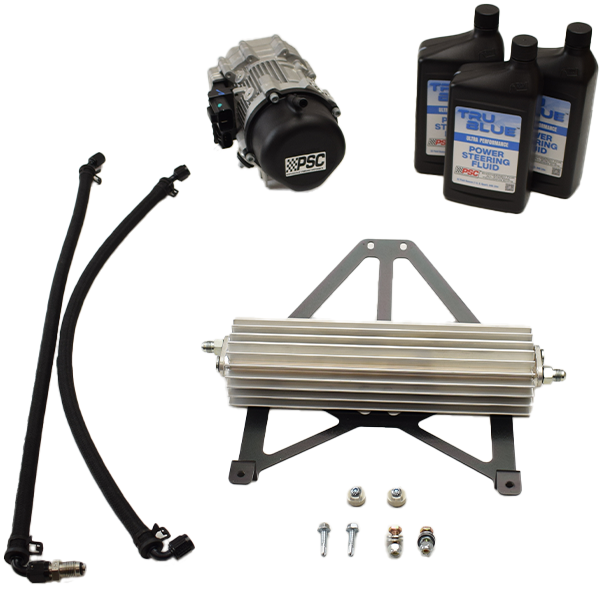 Automotive steering parts including a pump, cooler, hoses and three PSC Tru Blue® bottles on a white background. PSC PK2