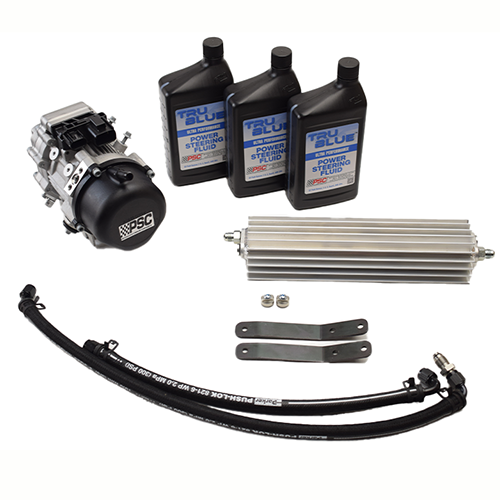 Black PSC pump, three PSC 8061 steering fluid bottles, a cooler, hose and fittings on a white background.