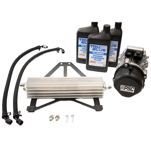 Pump kit featuring a a silver and black PSC branded pump, anodized cooler, black anodized mount, hoses and fittings and three PSC 8061 True Blue® bottles on a white background.