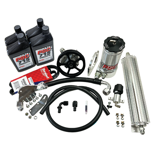 Steering parts kit including PSC715 steering fluid black bottles, belts, a cooler with fittings, a pump pulley, PSC reservoir and metal components on a white background. 
