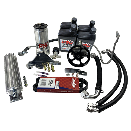 Collection of steering parts including a pump, hoses, a cooler and metal brackets on a white background.