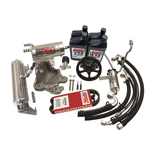 Pump kit with pulley., reservoir, hoses, PSC 715, cooler and mount on a white background. 